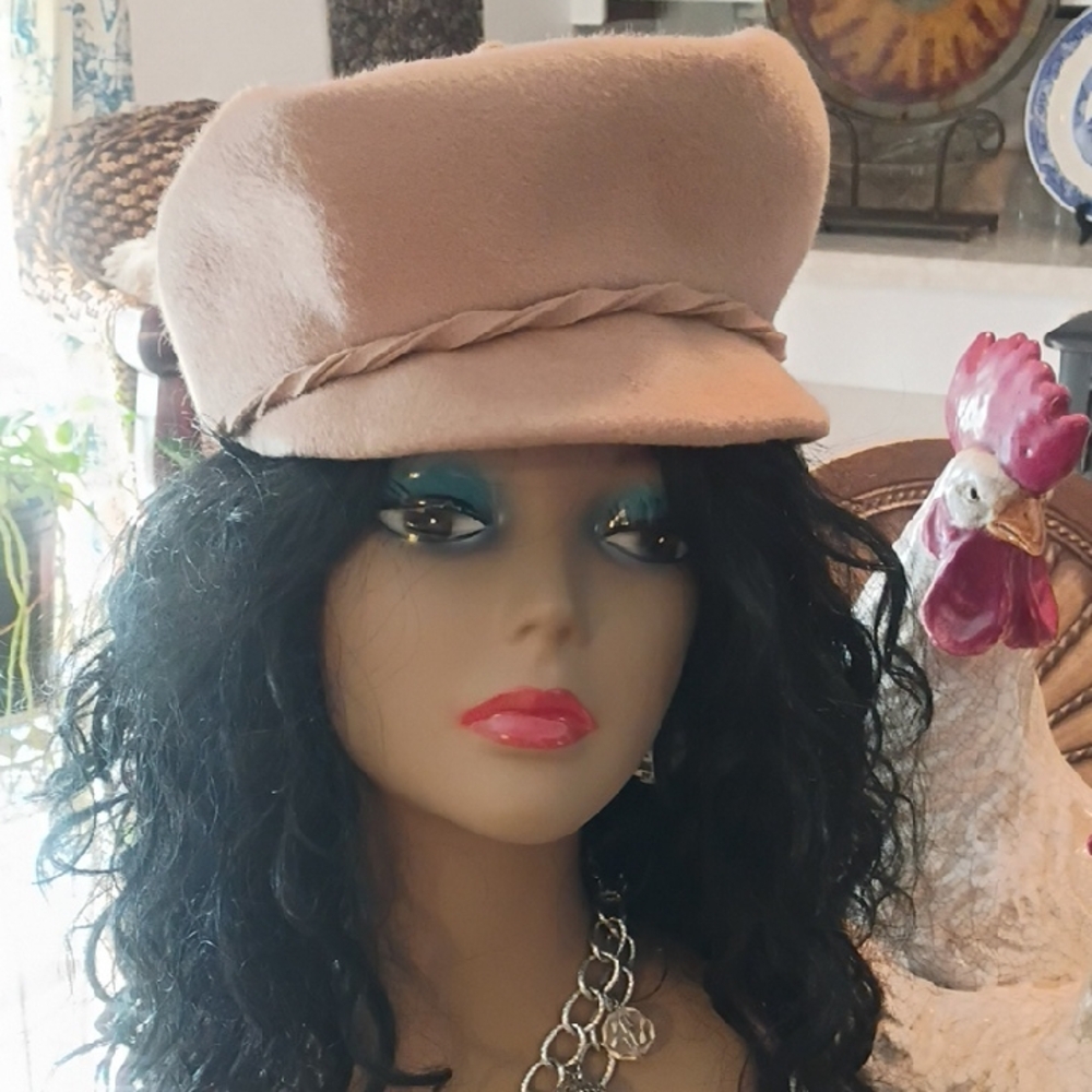 Plush Tan Baker Boy Cap with Braided Trim